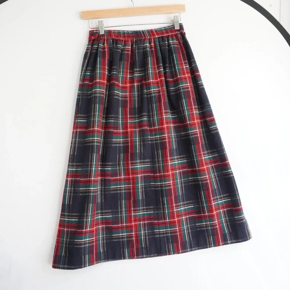 Vtg Koret Plaid‎ Midi Skirt Navy Red Green Wool Blend Pleated A-Line XS Academia